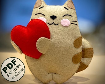 Felt Cat Sewing Pattern PDF. Valentine&#39;s Day Felt Toys Pattern. Cat in Love. Kitty Pattern. Digital Download. Plush Cat DIY. Felt Ornament.