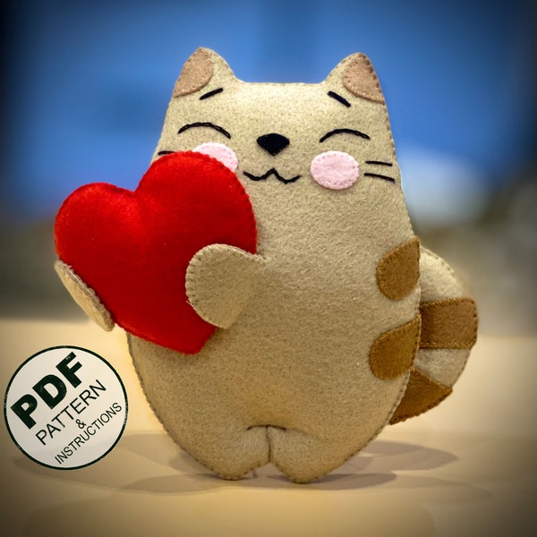 Felt Cat Sewing Pattern PDF. Valentine's Day Felt Toys Pattern. Cat in Love. Kitty Pattern. Digital Download. Plush Cat DIY. Felt Ornament.