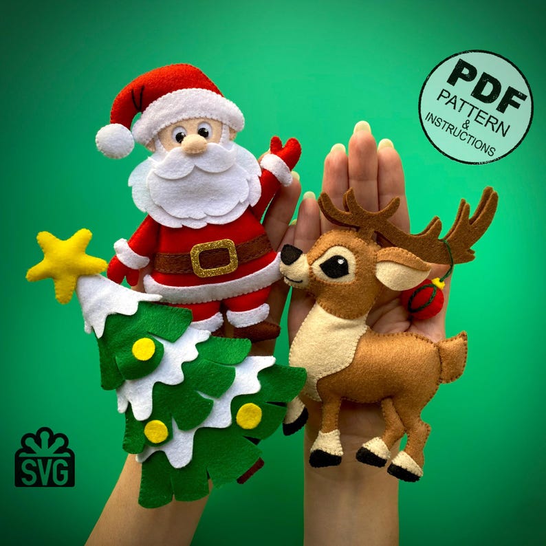 May include: Felt Christmas ornaments, including a Santa Claus, a reindeer, and a Christmas tree. The ornaments are all handmade and have a whimsical, vintage look. The image includes the text "PDF PATTERN & INSTRUCTIONS" and "SVG".