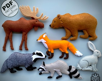Felt Animals Sewing PDF Pattern and SVG. Stuffed Animals DIY. (Grizly Bear, Fox, Raccoon, Rabbit, Elk, Badger). Felt Toys Pattern.