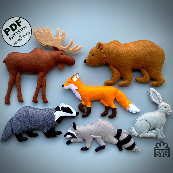 Vilten dieren naaien pdf-patroon en SVG. Knuffels DIY. (grizlybeer, vos, wasbeer, konijn, eland, das). Patroon van vilten speelgoed.