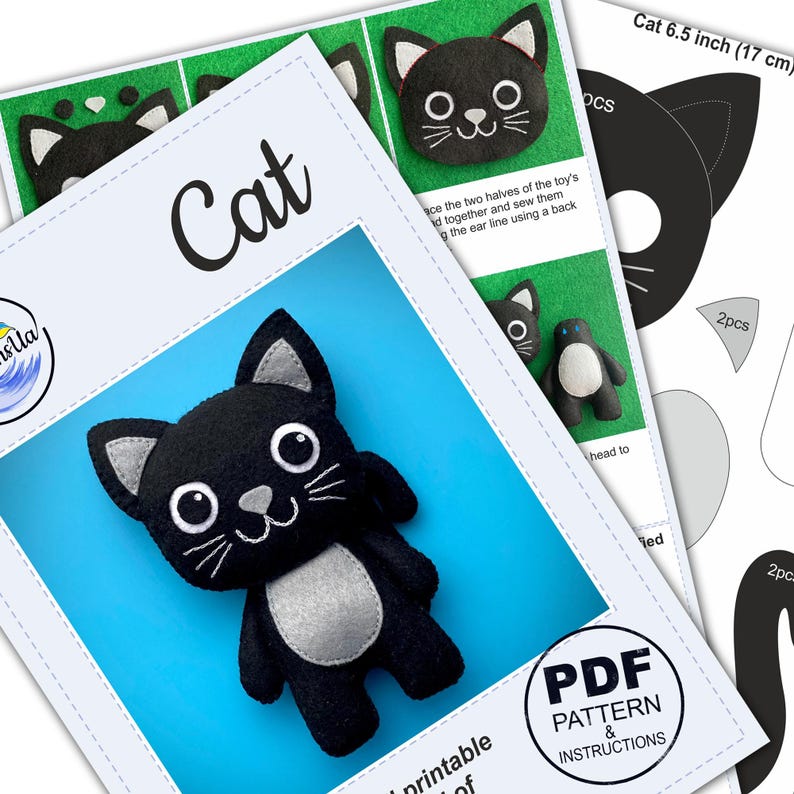 May include: A black cat plush toy with gray accents and white whiskers is featured in this image. The word "Cat" is printed on a white paper with a blue background. The image also includes a PDF pattern and instructions for making the cat toy.