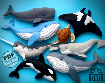 Ocean Animals Sewing Pattern PDF and SVG. Felt Sea Animal Toys Easy Pattern. SET Whales, Orca, Turtle, Manta, Beluga, Narwhal. Ocean Decor.