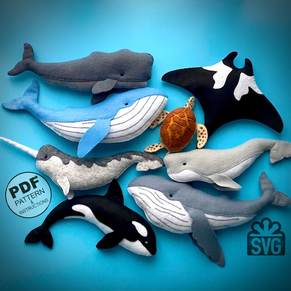Patron de couture animaux marins PDF et SVG. Modèle facile de jouets pour animaux marins en feutre. SET Baleines, orques, tortues, manta, béluga, narval. Décor océan.
