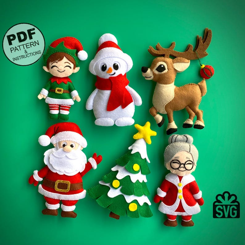 May include: A set of felt Christmas ornaments, including Santa Claus, a snowman, a reindeer, a Christmas tree, an elf, and a grandmother. The ornaments are all hand-sewn and have a whimsical, vintage look.