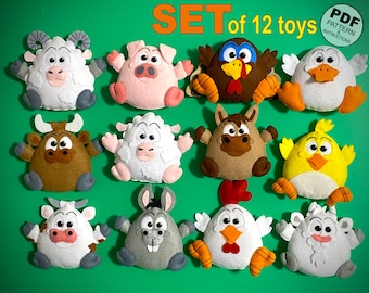 May include: A set of 12 felt toy animal patterns, including a pig, cow, sheep, chicken, donkey, and more. The PDF pattern includes instructions for making the toys.