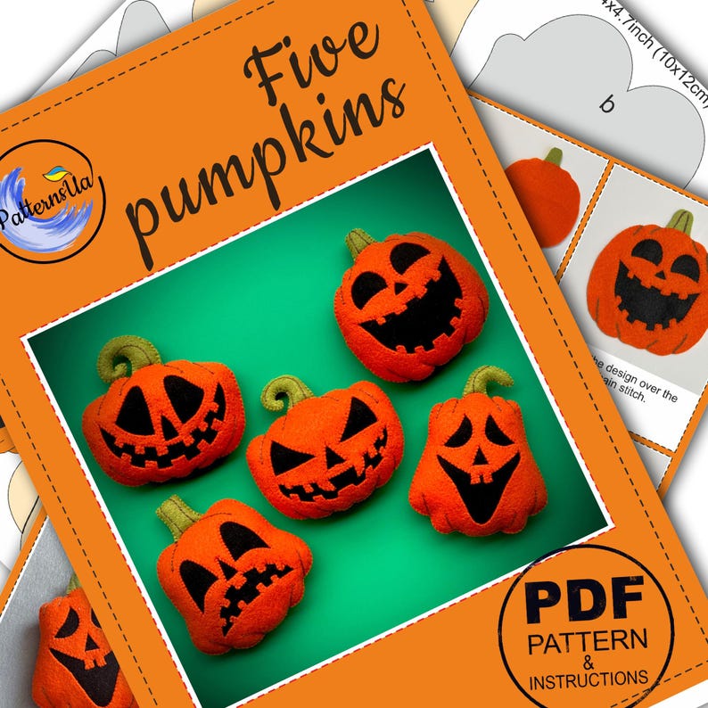 May include: A PDF pattern and instructions for making five felt pumpkins. The pumpkins are orange with black jack-o'-lantern faces. The pattern is available in a digital download.