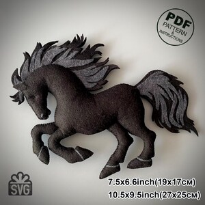 May include: A black felt horse with a gray mane and tail, posed in a running stance. The image includes the text "PDF Pattern & Instructions" and "SVG". The horse measures 7.5x6.6 inches (19x17cm) and 10.5x9.5 inches (27x25cm).