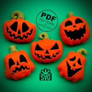May include: Five felt orange pumpkins with black facial features. The pumpkins have different expressions, including smiling, frowning, and surprised. The image includes the text "PDF PATTERN & INSTRUCTIONS" and "SVG".