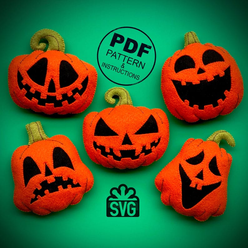 May include: Five felt orange pumpkins with black facial features. The pumpkins have different expressions, including smiling, frowning, and surprised. The image includes the text "PDF PATTERN & INSTRUCTIONS" and "SVG".