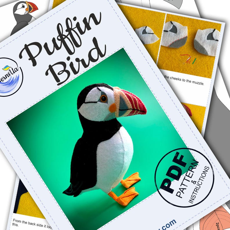 Peut inclure: Un patron PDF et des instructions pour r&eacute;aliser un oiseau puffin en feutre. Le patron comprend un gros plan du visage et du bec du puffin, ainsi que le texte "Puffin Bird" et "PDF Pattern & Instructions".