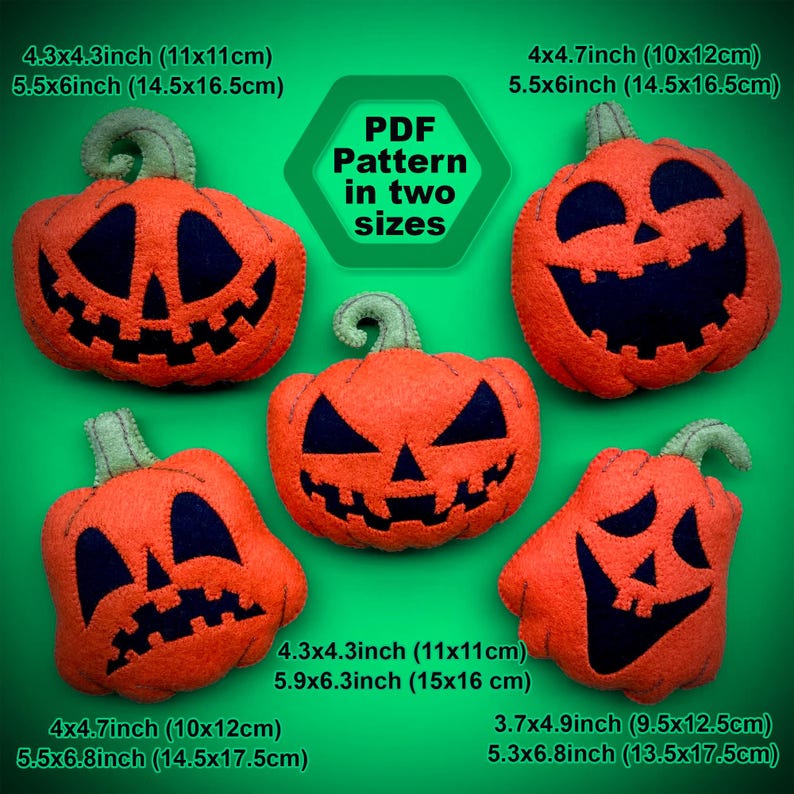 May include: Five felt pumpkin patterns in two sizes. The pumpkins are orange with black facial features. The text on the image reads "PDF Pattern in two sizes".