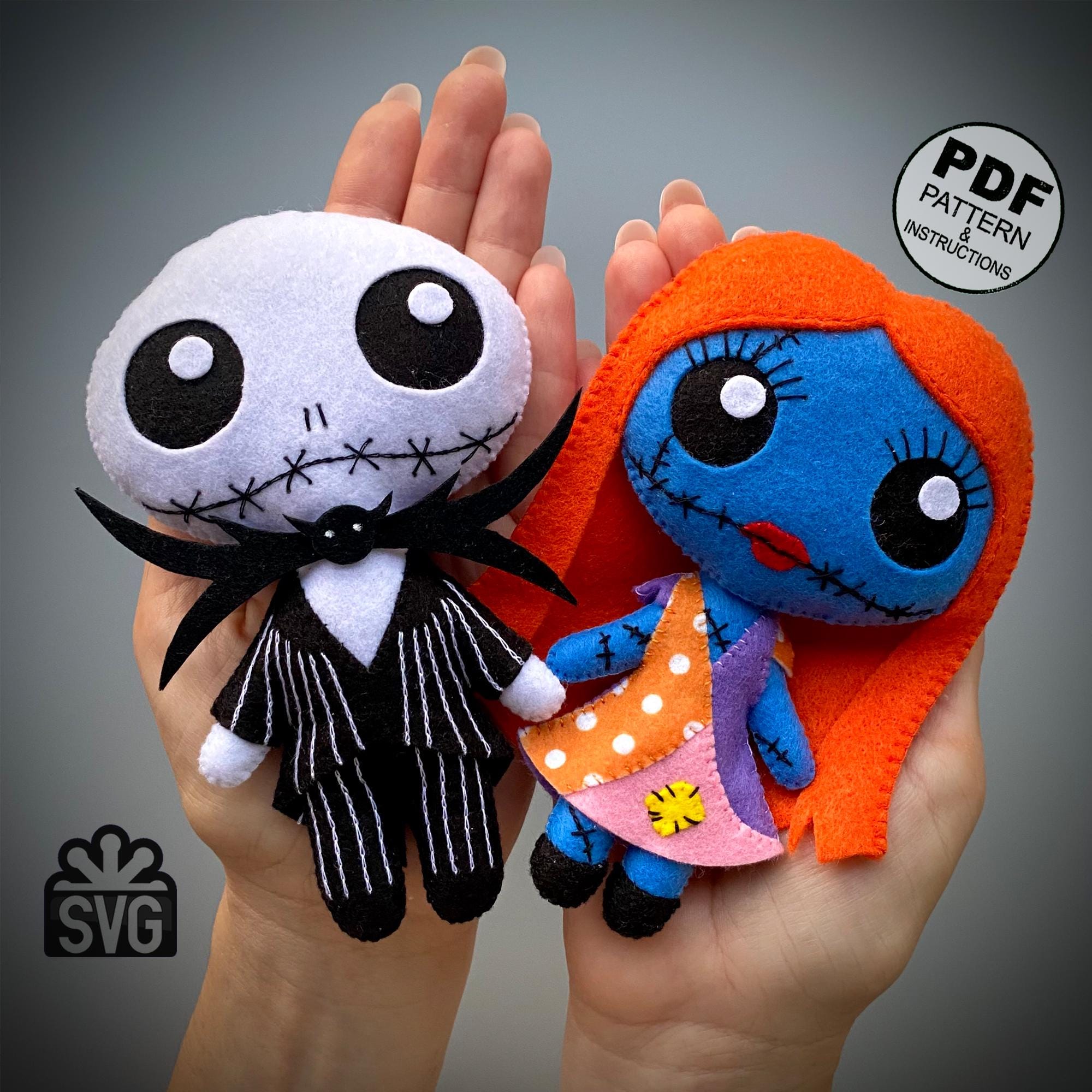 Jack and Sally Felt Sewing Pattern PDF and SVG. Halloween Ornaments. Jack and Sally Dolls DIY. Halloween Decor. Hand Sewing Pattern.