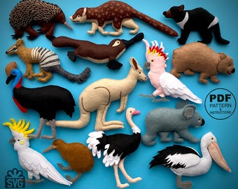 Australian Animals Sewing PDF Pattern and SVG. Stuffed Animals DIY. Felt Toys Pattern. Felt Patterns. Felt Stuffed Toys.