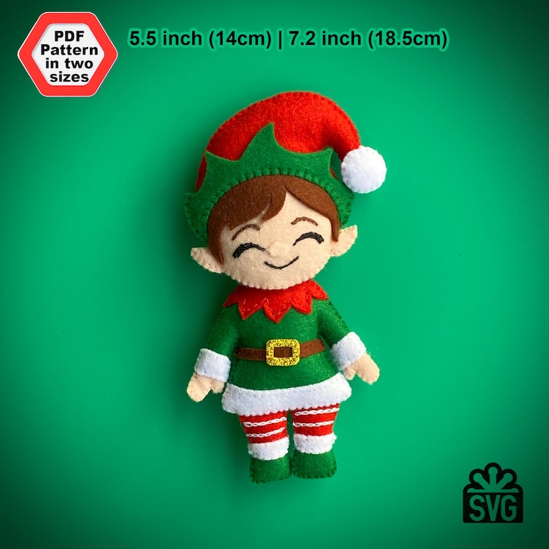 May include: A felt Christmas elf ornament pattern in two sizes: 5.5 inches (14 cm) and 7.2 inches (18.5 cm). The elf is wearing a green and red suit with a white hat and a gold belt.