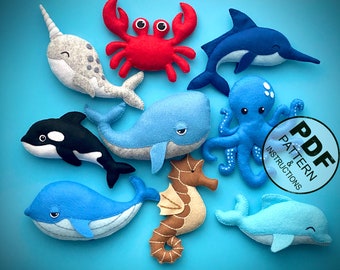 Ocean Animals Sewing Pattern PDF. Felt Sea Animal Toys Easy Pattern. Under The Sea. Whale, Orca, Octopus, Marlin, Crab, Seahorse, Narwhal.