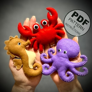 Ocean Animals Set Sewing Pattern PDF. Crab, Seahorse, Octopus. Felt Sea Animals. Plush Toys Pattern. Under The Sea. Marine Easy Pattern.