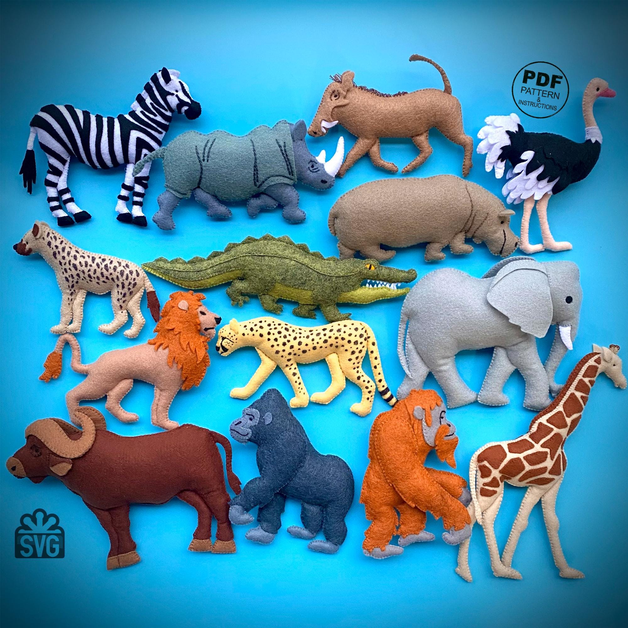 Felt Safari Animals Sewing PDF Pattern and SVG. African