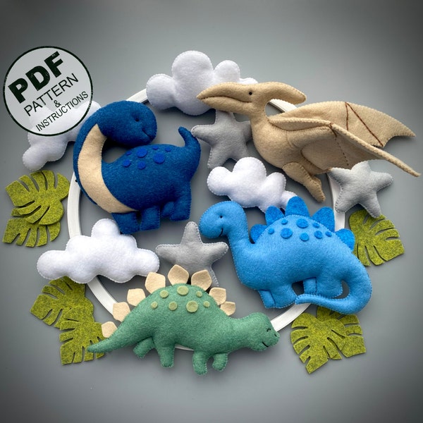 Baby Mobile Pattern PDF. Dinosaurs Sewing Pattern. Felt Toys Nursery Mobile Pattern. Crib Mobile DIY. Nursery Decor Pattern. Felt Animals.