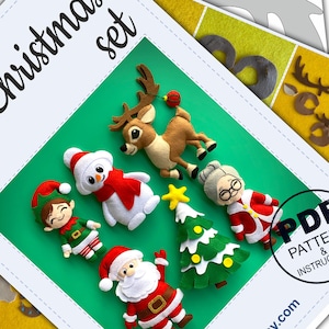 May include: A set of felt Christmas ornaments, including a reindeer, snowman, elf, Santa Claus, a Christmas tree, and a grandmother. The ornaments are all in festive colors and are perfect for decorating a Christmas tree or adding a touch of holiday cheer to your home.