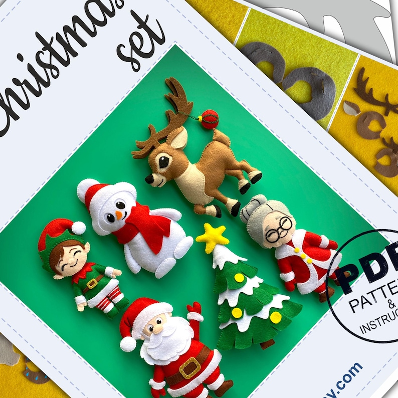 May include: A set of felt Christmas ornaments, including a reindeer, snowman, elf, Santa Claus, a Christmas tree, and a grandmother. The ornaments are all in festive colors and are perfect for decorating a Christmas tree or adding a touch of holiday cheer to your home.