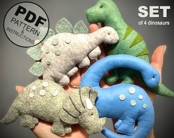 Dinosaurs Sewing Pattern PDF. DIY Felt Dinosaurs SET (T. Rex, Stegosaurus, Triceratops, Brontosaurus). Soft Toy Dino Plush Pattern.