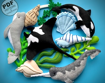 Ocean Baby Mobile PDF Pattern. Step By Step Tutorial. Baby Shower Pattern. Narwhal, Orca, Beluga, Manta, Seashells, Seaweed. Nursery Decor.