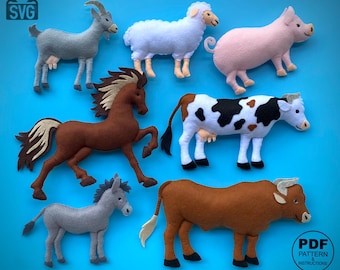 Felt Farm Animals Sewing Pattern. PDF and SVG. 7 in 1 (Horse, Cow, Bull, Sheep, Goat, Pig, Donkey). DIY. Stuffed Felt Toys.