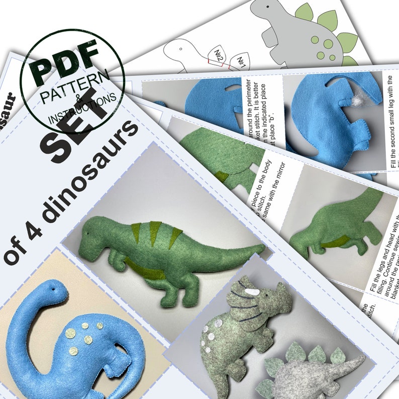 Dinosaurs Sewing Pattern PDF. DIY Felt Dinosaurs SET (T. Rex ...