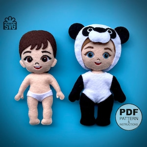 Felt Panda Doll Sewing Pattern PDF and SVG. Doll Clothes Pattern and Step by Step Tutorial. Felt Toys Pattern. Panda Doll Pattern.