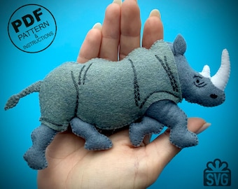 Felt Rhino Sewing Pattern, Stuffed Animal DIY (PDF & SVG)