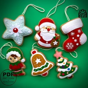 Felt Christmas Ornaments Sewing PDF Pattern. Hanging Christmas Ornament Pattern. Santa Pattern. Christmas Tree. Christmas Elf. Felt Toys.