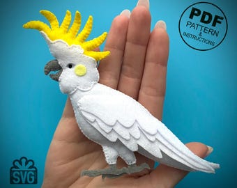 Cockatoo Sewing Pattern PDF and SVG. Parrot. Birds Pattern. Citron-crested Cockatoo. Felt Animals Pattern. Cockatoo DIY. Plush Cockatoo.