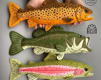 Fish Sewing Pattern PDF SET (Largemouth Bass, Brown Trout, Rainbow Trout) Felt Animals. Realistic Fishing Decor.