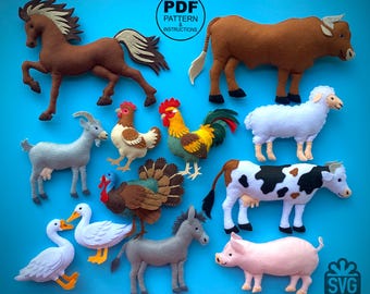 Felt Farm Animals Sewing Pattern. PDF and SVG. 12 in 1 (Rooster, Chicken, Duck, Goose, Turkey, Horse, Cow, Bull, Sheep, Goat, Pig, Donkey).