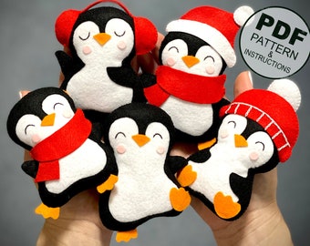 Felt Penguin Ornament PDF Pattern, Set of 5 (DIY Sewing)