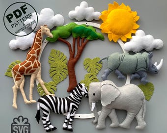 Filz Baby Mobile PDF Pattern. Safari Mobile. Dschungel Mobile Schnittmuster. Krippe Mobile DIY. Safari Afrikanische Plüschtiere. Kinderzimmer Dekor.