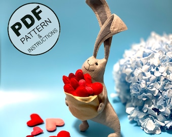 Bunny Rabbit Sewing Pattern PDF. Valentine&#39;s Day Felt Toy Pattern. Valentine&#39;s Gift DIY. Bunny Plush Toy Easy Pattern. Valentine&#39;s Heart.