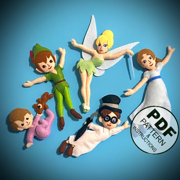 Peter Pan Sewing Pattern PDF. Tinker Bell, Wendy Darling, Michael, John Darling, Peter Pan Pattern and Step by Step Tutorial. DIY. Felt Toys