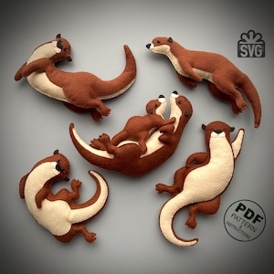 May include: Five felt otter patterns in various poses, including a mother and baby otter. The patterns are brown and cream colored and are ready to be cut out and sewn. The image also includes the text "PDF PATTERN & INSTRUCTIONS" and "SVG".