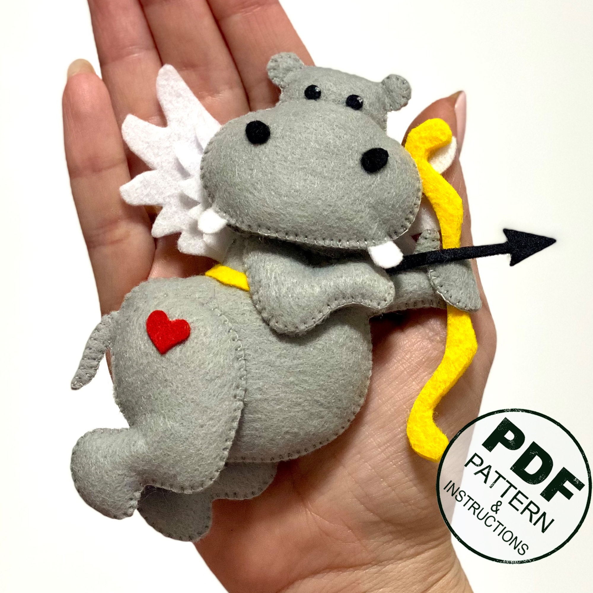 Felt Hippo Cupid Sewing Pattern PDF. Valentine's Day Felt Toy Pattern. Cupid Toy DIY. Cute Valentine Felt Cupid. Felt Christmas Ornament.