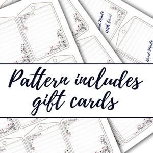 Peut inclure: Etiquettes de cartes-cadeaux imprimables avec un motif floral noir et blanc et des accents rouges. Les &eacute;tiquettes ont une zone lign&eacute;e pour &eacute;crire un message. Le texte "Hand Made" et "Hand Made with Love!" est visible sur les &eacute;tiquettes.