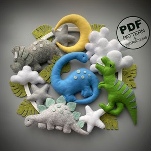 赤ちゃん用モビール恐竜の PDF パターンとステップバイステップのチュートリアル。フェルトおもちゃの縫製パターン。子供部屋の装飾。赤ちゃん用モビール DIY。ベビーシャワーのギフト。