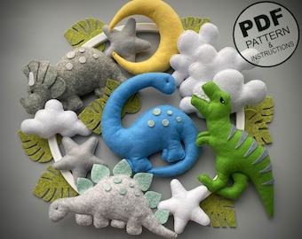PDF Pattern and Step By Step Tutorial for Baby Mobile Dinosaur. Felt Toys Sewing Pattern. Nursery Decor. Baby Mobile DIY. Baby Shower Gift.