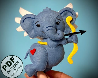 Felt Elephant Cupid Sewing Pattern PDF. Valentine's Day Felt Toy Pattern. Elephant DIY. Cute Valentine Felt Cupid. Felt Christmas Ornament.