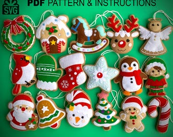 May include: A set of 15 felt Christmas ornaments, including a gingerbread house, a rocking horse, a reindeer, an angel, a cardinal, a mitten, a stocking, a star, a penguin, an elf, Santa Claus, a bell, a snowman, a Christmas tree, and a candy cane. The ornaments are all colorful and festive, and they would make a great addition to any Christmas tree.