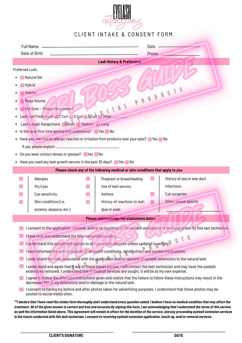 May include: Eyelash extensions client intake and consent form. The form includes sections for personal details, lash preferences, medical history, and consent statements. The form is pink and white with the text "Eyelash Extensions" at the top.