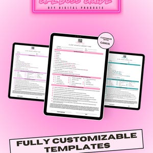 May include: Three digital tablets displaying client intake and consent forms. The forms have pink accents and are set against a pink background. Text at the top reads "GRL BOSS GUIDE" and "DFY DIGITAL PRODUCTS". The bottom text says "FULLY CUSTOMIZABLE TEMPLATES".