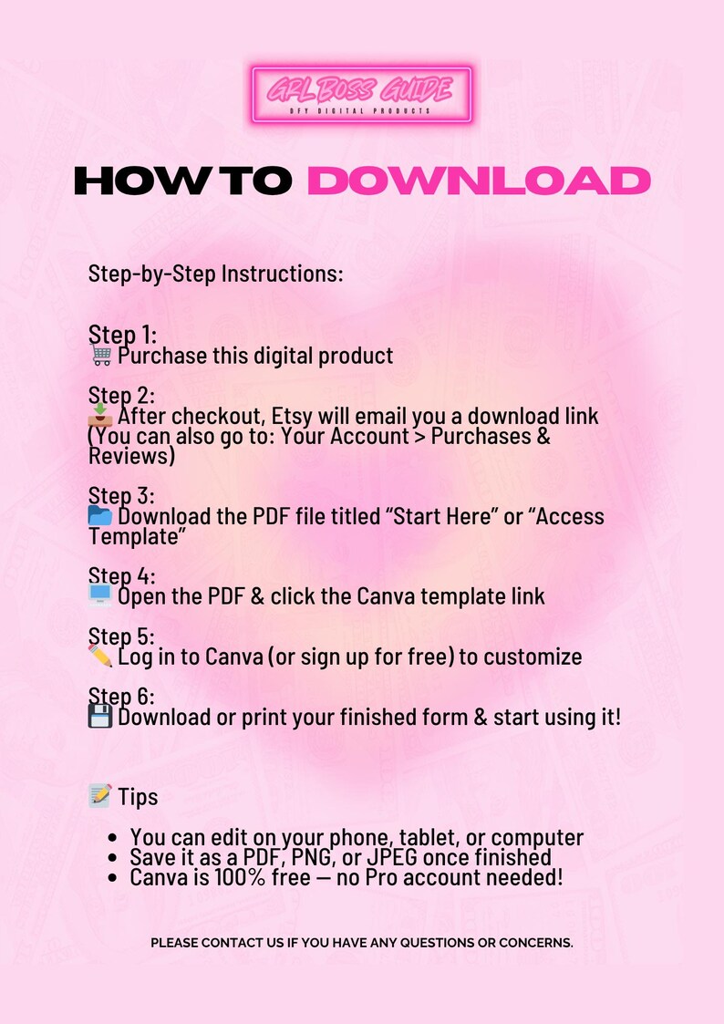 May include: Pink and white digital download guide titled "How to Download" with step-by-step instructions. The guide includes steps for purchasing, downloading, and customizing a template in Canva. Tips are provided for editing on various devices.