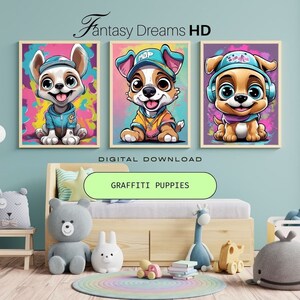 Graffiti Welpen Kinderzimmer Drucke: 3er Set KI-generierte Wandbilder (Digitaler Download)